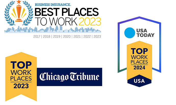 Business Insurance Best Places to Work 2023, Chicago Tribune Top Workplaces 2023 and USA Today Top Workplaces USA 2024 Logos